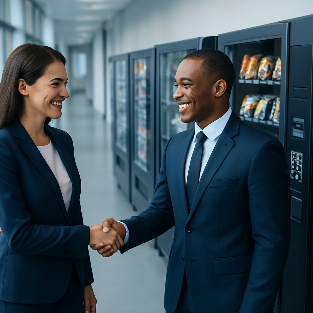 Two business professionals shaking hands in front of vending machines
