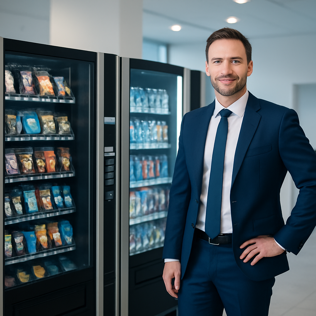 Entrepreneur standing confidently next to vending machines