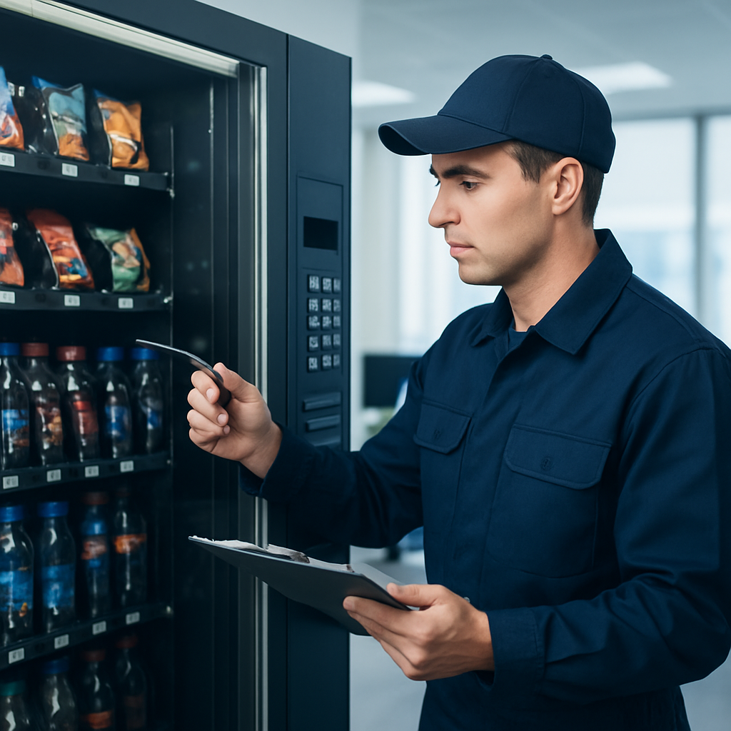 A technician servicing a vending machine