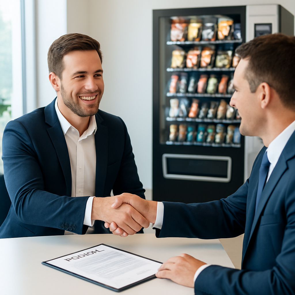 A business owner reviewing a vending partnership agreement