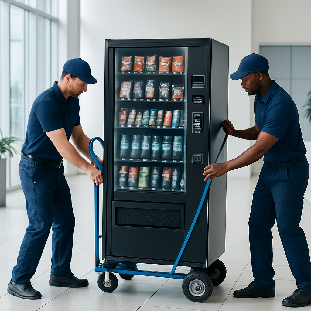 Professional crew installing a vending machine in a corporate lobby