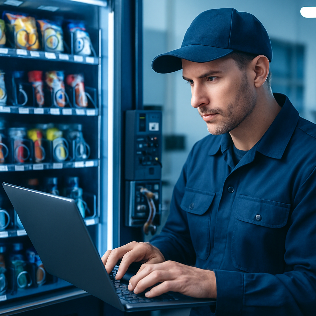 Vending machine technician reprogramming a machine control board